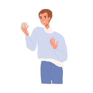 Angry irritated man gesturing in anger, annoyance, rage. Annoyed frowning indignant person. Furious dissatisfied outraged emotion of grumpy guy. Flat vector illustration isolated on white .