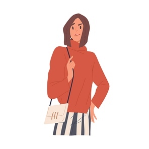 Arrogant woman with negative annoyed and confused face expression. Irritated person with snooty patronizing look showing neglect and contempt. Flat vector illustration isolated on white .