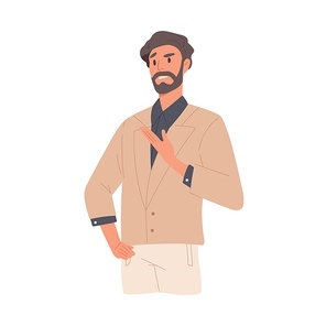 Man with annoyed and indignant face expression due to misunderstanding. Arrogant irritated businessman expressing negative emotion of neglect and mistrust. Flat vector illustration isolated on white.