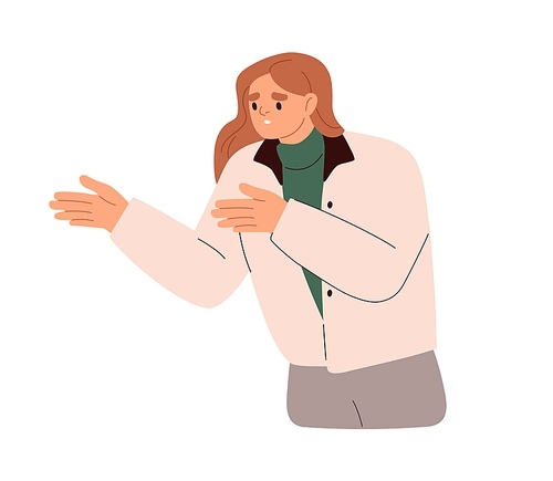 Unhappy annoyed woman gesturing, explaining fail. Frustrated irritated disappointed person making excuses. Discontent dissatisfied emotion. Flat vector illustration isolated on white .
