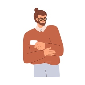 Suspicious frowning person doubting. Serious tensed disgusted employee man with negative emotion. Displeased worried office worker. Flat graphic vector illustration isolated on white .