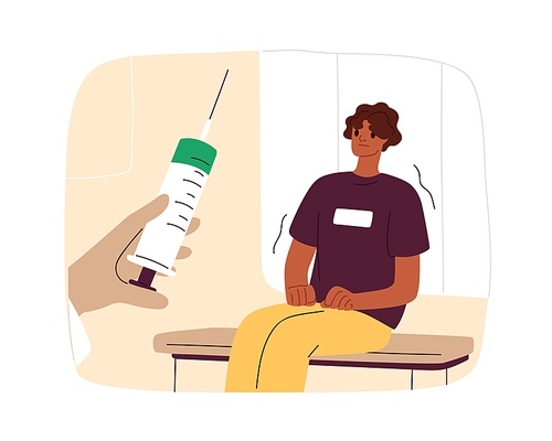 Fear of needles concept. Patient with phobia of syringe injections, trypanophobia. Scared person afraid of medical shots, vaccine, doctor. Flat vector illustration isolated on white .