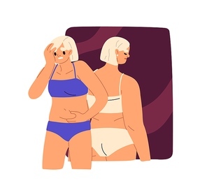 Anxious woman with gaining weight, getting fat phobia, Obesophobia concept. Psychology mental obsession with body shape, overweight problem. Flat vector illustration isolated on white .