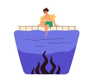 Water phobia, aquaphobia concept. Anxious stressed person afraid of swimming in pool, overcoming fear of depth, sinking. Psychology disorder. Flat vector illustration isolated on white .