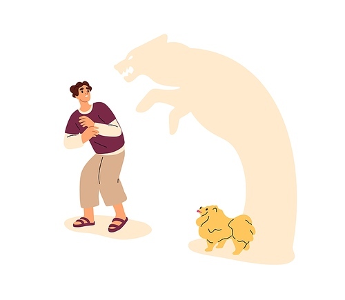 Person afraid of small dog, puppy. Fear of canine animals, cynophobia concept. Frightened man with mental anxiety, psychological disorder. Flat vector illustration isolated on white .