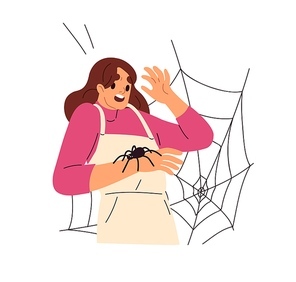 Woman afraid of spiders, web. Scared frightened anxious fearful person in panic with arachnid insect. Arachnophobia, phobia psychology concept. Flat vector illustration isolated on white .