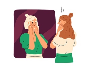 Fear of aging, phobia of wrinkles, psychology gerascophobia concept. Young woman afraid of senior elderly gray-haired self with old face. Flat vector illustration isolated on white .
