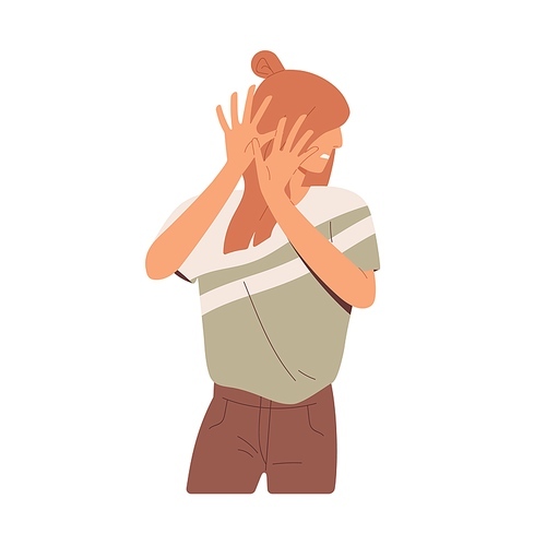 Embarrassed woman hiding her face behind hands, feeling disgust, fear and shame. Frightened sensitive person with unpleasant emotion. Colored flat vector illustration isolated on white .