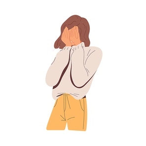 Embarrassed woman hiding her face out of shame. Shy person regret smth. and covering her eyes with palms. Unhappy female feeling frustration. Flat vector illustration isolated on white .