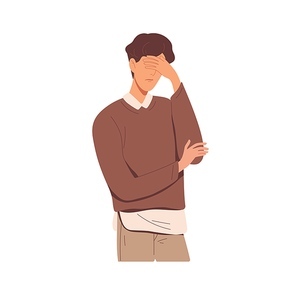 Disappointed man with facepalm gesture, feeling shame. Person with hand at forehead regret fail. Face palm of ashamed and upset human after failure. Flat vector illustration isolated on white.