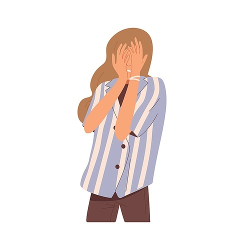 Shy embarrassed woman hiding face out of shame. Frightened person feeling fear. Disappointed female. Expression of negative emotions after fail. Flat vector illustration isolated on white .