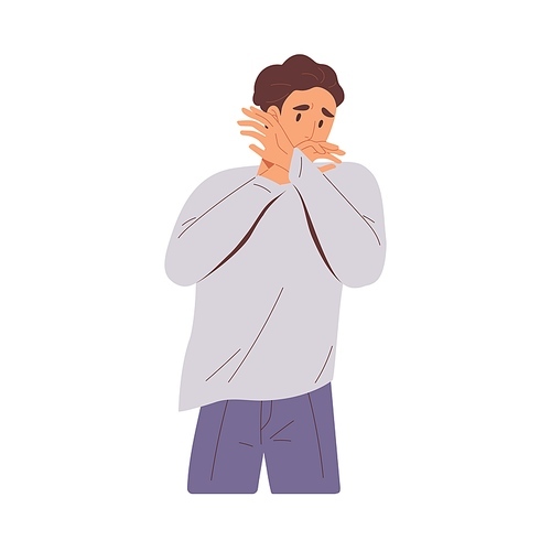Sad embarrassed man regretting smth. Upset miserable person feeling grief and sorrow. Disappointed human express emotions of sadness and despair. Flat vector illustration isolated on white .