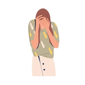 Embarrassed woman hiding her face, regretting failure. Upset shy person feeling shame after fail. Female with negative emotion of desperate. Flat vector illustration isolated on white .