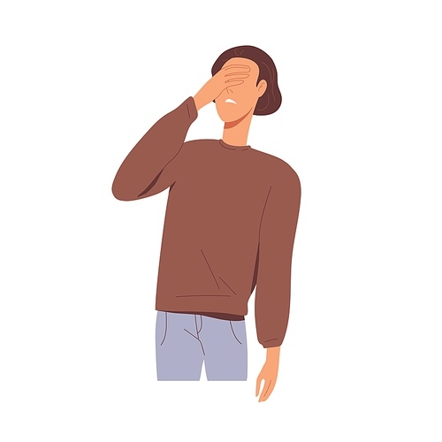 Disappointed man with palm on face, expressing regret and frustration after failure, fiasco and mistake. Facepalm gesture. Person forgot smth. Flat vector illustration isolated on white .