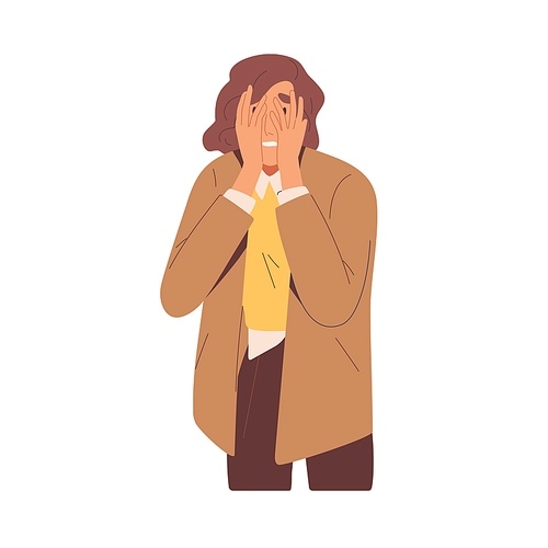 Embarrassed shy woman hiding face with hands. Upset person in despair feeling stress and shame after mistake and fail. Colored flat vector illustration of ashamed human isolated on white .