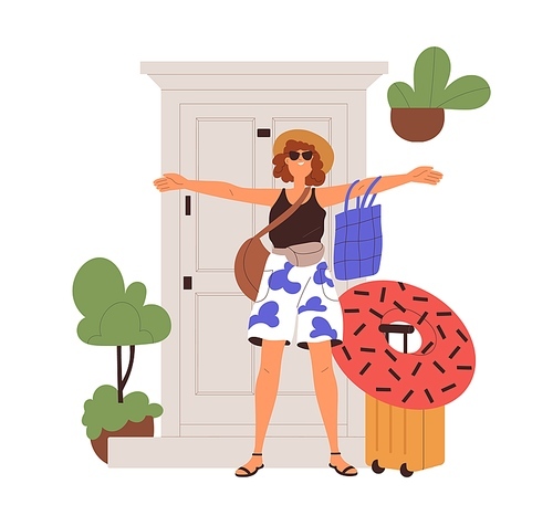 Happy woman leaving home for summer holiday travel. Excited young girl tourist standing near door with suitcases, luggage for sea vacation, trip. Flat vector illustration isolated on white .