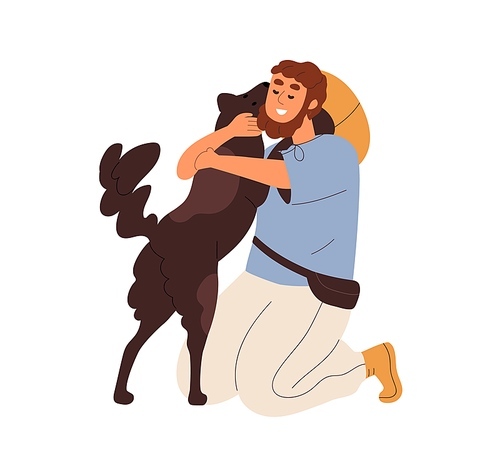 Happy person and cute dog hugging. Warm hugs of pet owner and devoted doggy after separation. Man glad to see animal friend. Love and devotion. Flat vector illustration isolated on white .
