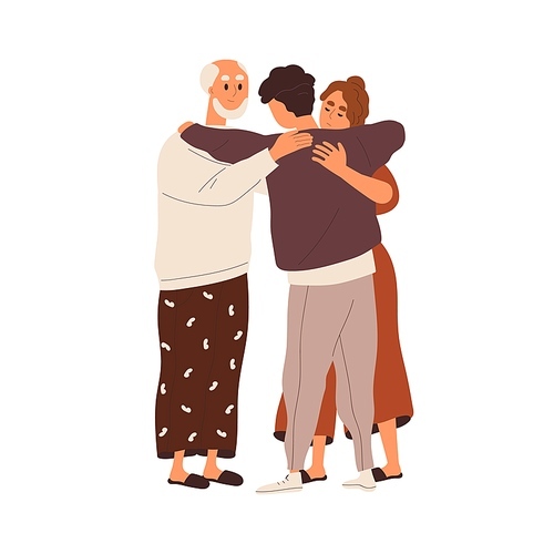 Family hugs, support. Parents and adult son meeting, hugging. Young man embracing mother, father with love. Reunion, reconciliation concept. Flat vector illustration isolated on white .