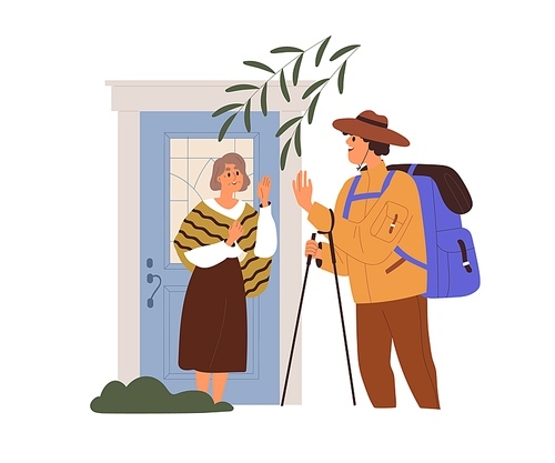 Mother sees adult son off. Man hiker going hiking, trekking on holiday, leaving home, waving with hand to old parent, standing on porch of house. Flat vector illustration isolated on white .