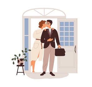 Man going to work. Wife kissing husband office worker, seeing off at home door. Businessman leaving house. Love family couple at doorway. Flat vector illustration isolated on white .