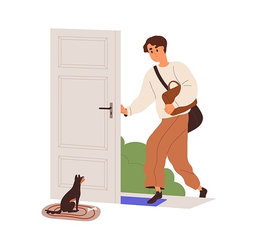 Person leaving home, going out. Dog seeing off man, waiting return at doorway. Pet owner and cute doggy at house door. Devoted canine animal. Flat vector illustration isolated on white .