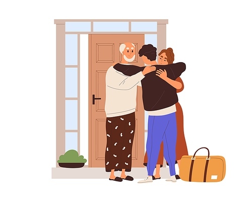 Man leaving native parents house. Mother, father seeing adult son off, hugging before separation, moving from home. Mom, dad and student at door. Flat vector illustration isolated on white .