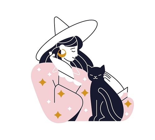 Witch and black cat. Woman wizard in Halloween pointed hat with cute kitty. Sorcerer lady and magic feline animal. Pretty female magician. Flat vector illustration isolated on white .