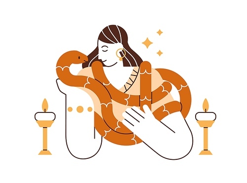 Witch and magic snake. Clairvoyant with candles during mystic esoteric witchcraft. Wizard woman and mysterious animal. Flat vector illustration of sorceress, medium isolated on white .