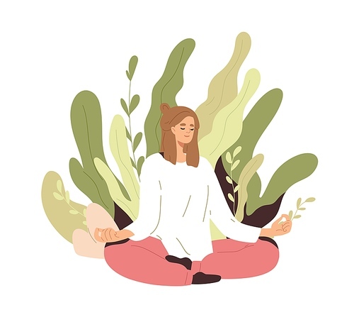 Woman meditating and relaxing in nature. Peaceful person practicing yoga, spiritual meditation in zen lotus pose. Harmony and peace concept. Flat vector illustration isolated on white .