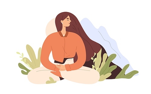 Woman meditating. Peaceful person during meditation, yoga and spiritual practice. Female relaxing in lotus pose. Harmony, zen, awareness concept. Flat vector illustration isolated on white .