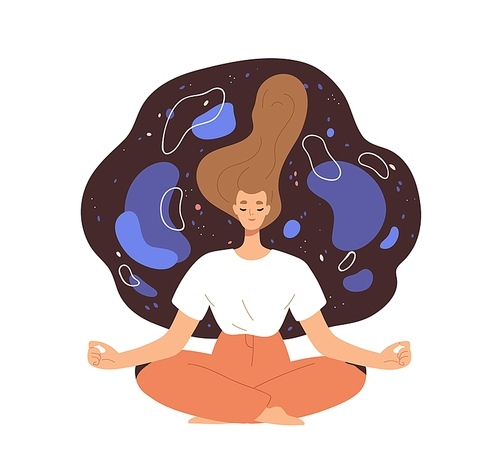 Relaxed woman during deep spiritual meditation. Peaceful person in zen yoga position, meditating. Enlightenment, awareness and harmony concept. Flat vector illustration isolated on white .