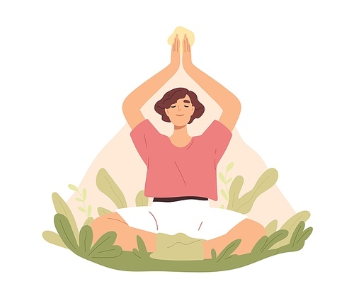 Peaceful meditation and yoga practice of woman. Person meditating and relaxing in zen lotus position. Harmony, balance and awareness concept. Flat vector illustration isolated on white .