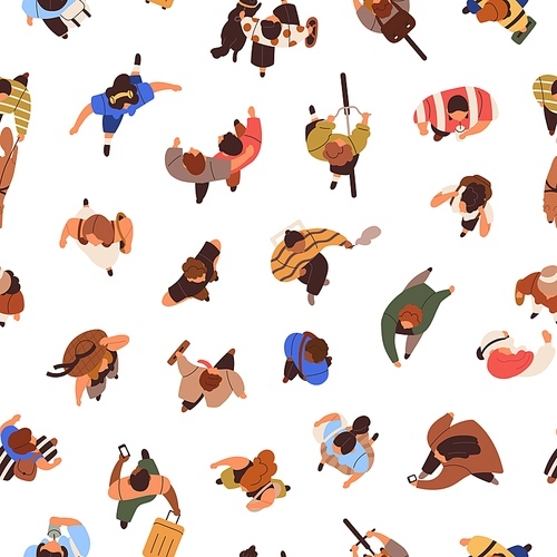 Seamless pattern of people crowd top view. Many characters going on endless background. Repeating print of men, women overhead, moving outdoors on city streets. Colored flat vector illustration.