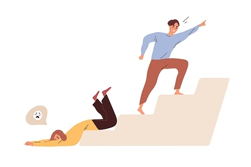 concept of weakness vs strength of people on hard way to goals. tired fatigue lazy weak person fall down vs ambitious motivated strong human. flat vector illustration isolated on white .