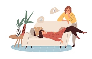 Depressed tired woman in despair with friend cheering up and supporting. Concept of apathy, depression and burnout. Flat vector illustration of sluggish unmotivated person isolated on white .
