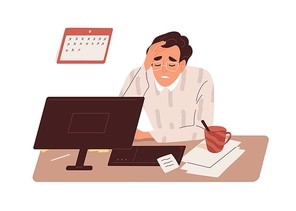 Tired sick man at work. Exhausted overworked employee at office desk. Concept of burnout and overload. Colored flat vector illustration of fatigue manager with headache isolated on white .