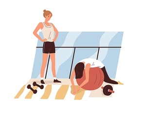 Tired exhausted woman during workout in gym. Weak lazy apathetic person feeling sick and fatigue at training. Physical weakness concept. Flat vector illustration isolated on white .