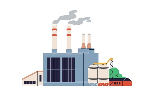 Power plant for electric energy production. Gas industry station factory. Abstract industrial building with towers chimneys, tanks, pillars. Flat vector illustration isolated on white .