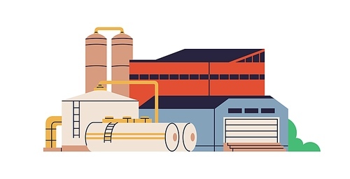 Industrial plant building with storage tanks, pipes, cisterns. Abstract heavy industry factory structure. Oil refinery, petrochemical station. Flat vector illustration isolated on white .