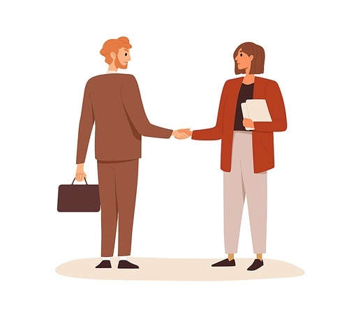 Business partners shaking hands. Handshake of man and woman making deal, coming to agreement and concluding contract. Partnership concept. Colored flat vector illustration isolated on white .