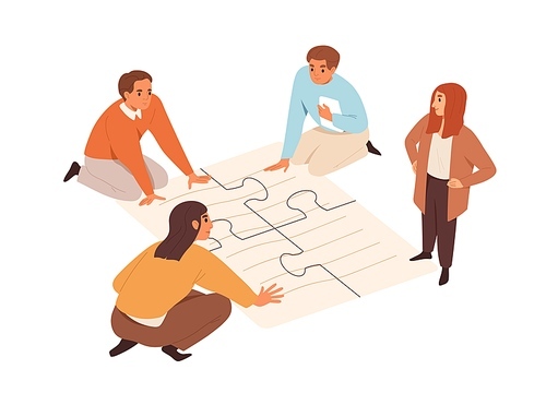 Business partners team at meeting, joining puzzle pieces. Concept of partnership, cooperation and teamwork. Success in collaboration of employees. Flat vector illustration isolated on white .