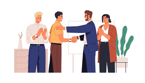 People congratulating colleague with success at work. Boss handshaking happy employee with respect, business team applauding at office meeting. Flat vector illustration isolated on white .