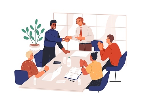 People congratulate colleague at meeting in office. Happy manager handshaking business partner with respect, team applauding. Partnership concept. Flat vector illustration isolated on white .