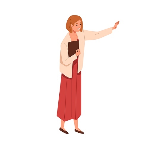 Person introduce, show and present smth. Business speaker standing with clipboard and pointing direction, gesturing with arm. Female presenter. Flat vector illustration of teacher isolated on white.