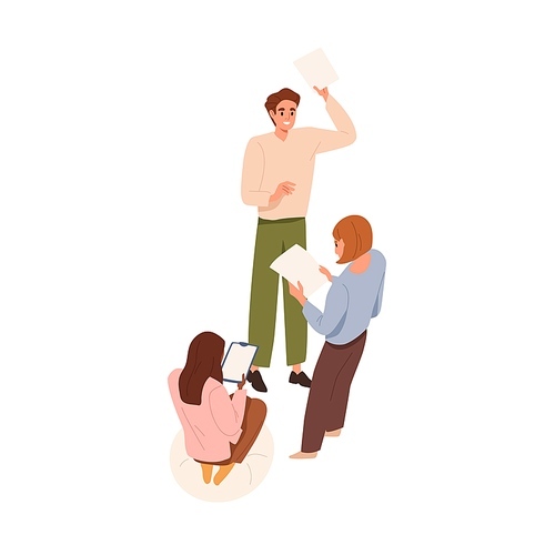 Happy employee discussing good news and ideas with colleagues. Enthusiastic office worker offering smth, sharing business document with partners. Flat vector illustration isolated on white .