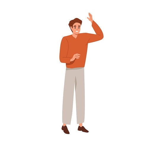 Happy man greeting smb with hi gesture. Excited person waving with hand, saying hello with arm and smiling. Friendly cheerful positive male. Flat vector illustration isolated on white .