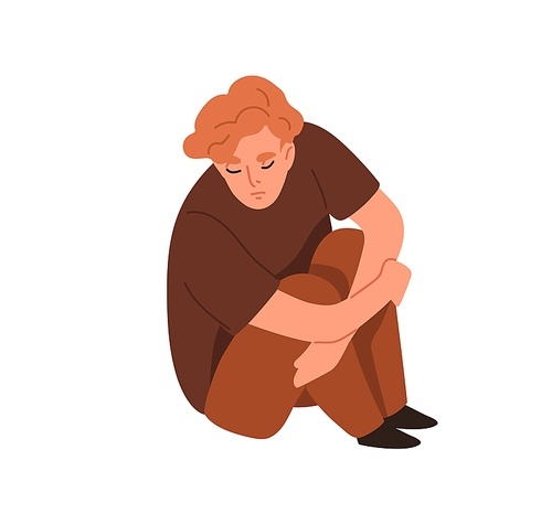 Sad lonely person in sorrow and despair. Unhappy depressed man in grief, sitting and hugging knees. Gloomy guy in bad mood with depression. Flat vector illustration isolated on white .
