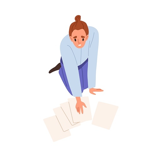 Clumsy person collecting dropped business documents from floor. Awkward office worker sitting on knees with mess from scattered sheets of paper. Flat vector illustration isolated on white .