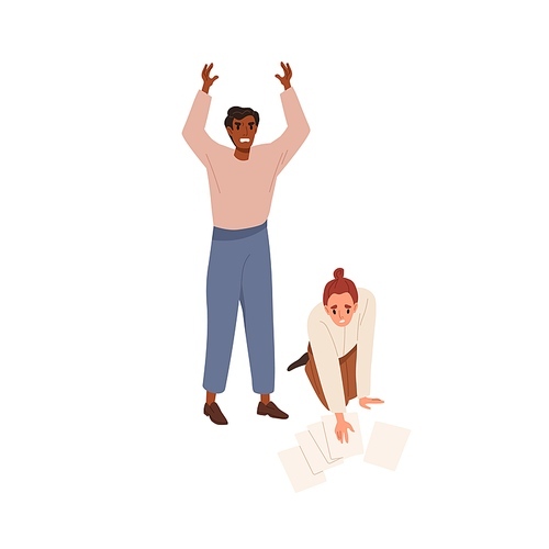 Unhappy employees with work problems and difficulties. Annoyed office worker screaming, upset stressed clumsy woman collecting fallen documents. Flat vector illustration isolated on white .