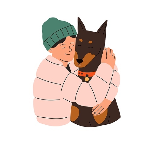 Happy child hugging dog. Doggy and boy, pet owner. Smiling kid embracing canine animal, best friend. Person and doberman puppy portrait. Flat vector illustration isolated on white .